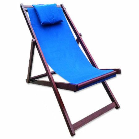 Wooden Lounge Adjustable Beach Chair with Cushion - Blue | Crazy Sales