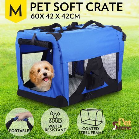 Portable Pet Soft Crate Carrier 60 x 42cm - Medium Size, Waterproof, Royal Blue