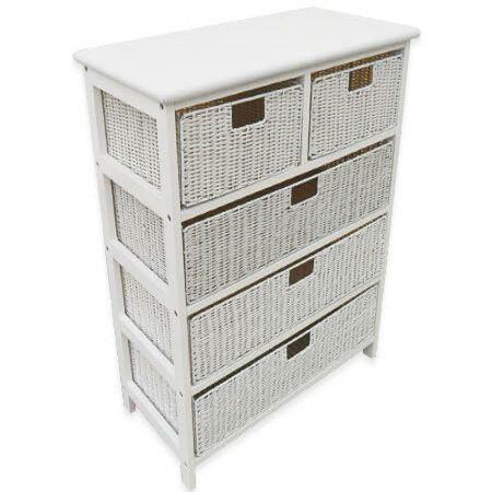 Pine Wood Storage Cabinet With 5 Storage Box Drawers White Color