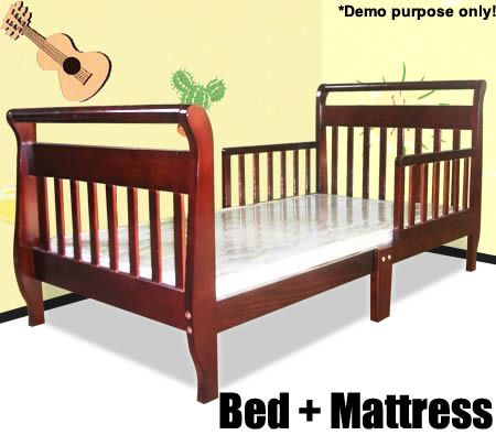 Toddler Bed with Mattress in a Sleigh Style Design - Cherry