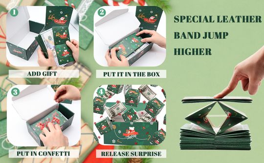 Surprise Gift Box Explosion for Money, Unique Folding Bouncing Red Envelope  Gift Box with Confetti, Cash Explosion Luxury Gift Box for Birthday  Anniversary Valentine Proposal (15 Bounces) (Green Christmas)