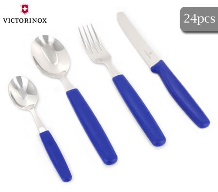 Victorinox Cutlery Tableware Set for 6 People - 24pc, Round Tip, Blue Handles