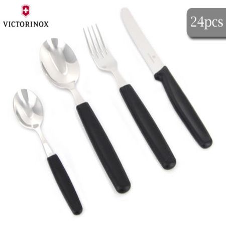 Victorinox Cutlery Tableware Set for 6 People - 24pc, Round Tip, Black Handles