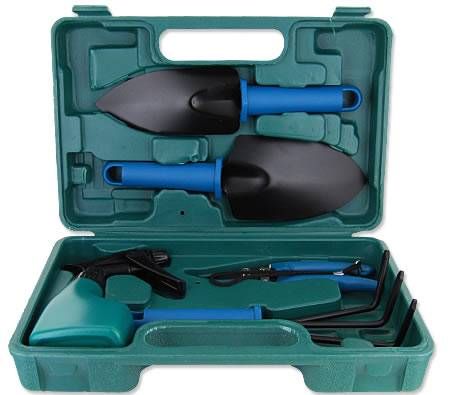 Garden Tool Set in Carrying Case - Shear, Hand Rake, Trowel, Spray Bottle 