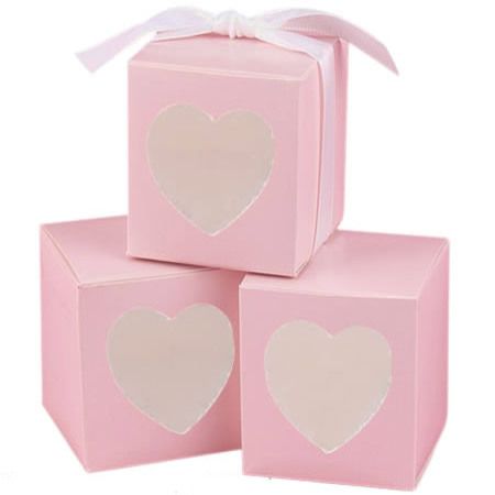 Wedding Party Favour Boxes x 50 & Ribbons - Heart Shaped Cutout - Pink ...