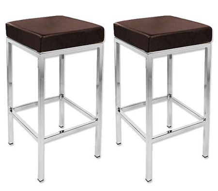 2 x Stylish Square Bar Stool with Chrome Frame Legs - Brown