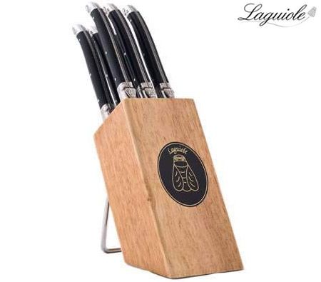 Laguiole Table Knives Set x 6 with Wooden Holder - Black