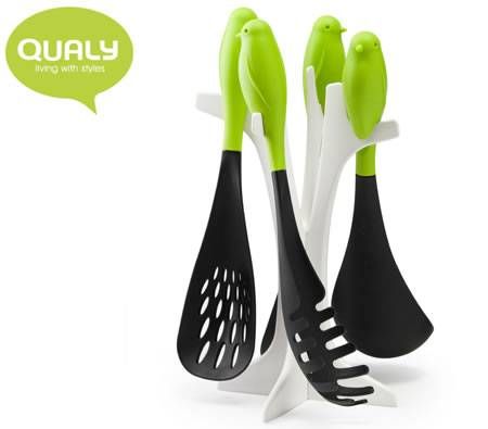 Sparrow Design Serving Utensils with Holder - Green, Set of 4
