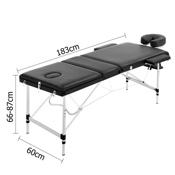 Zenses Massage Table 60cm 3 Fold Aluminium Beauty Bed Portable Therapy Waxing Black