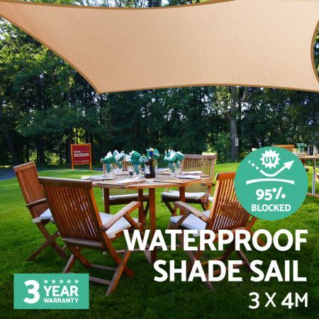 Instahut Waterproof Shade Sail 3x4m Rectangle Sand 95% Shade Cloth