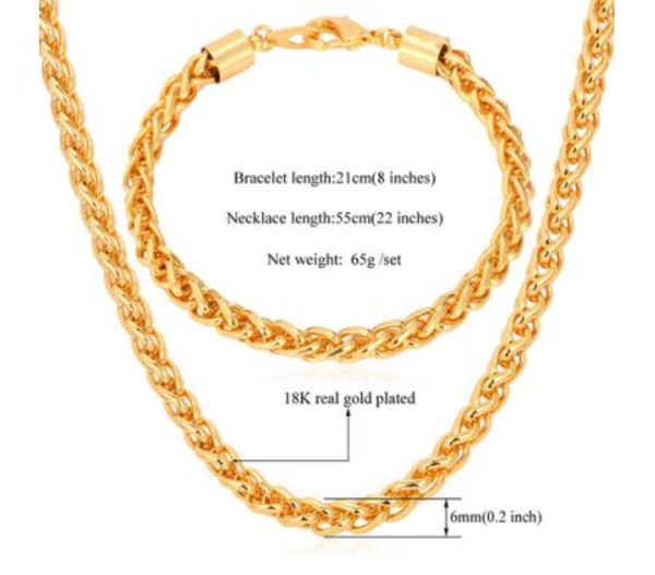 U7 Men's Twisted Necklace Bracelet 18K Chunky Gold Plated Chains 7MM 55CM