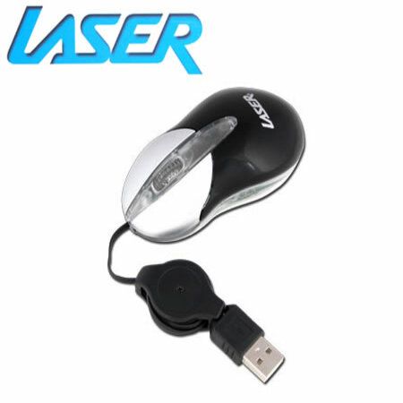 Laser Mini Optical Wheel Mouse with Retractable Cord - Plug & Play
