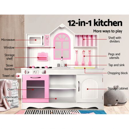 Keezi Kids Kitchen Play Set Wooden Pretend Toys Cooking Children Storage Cabinet