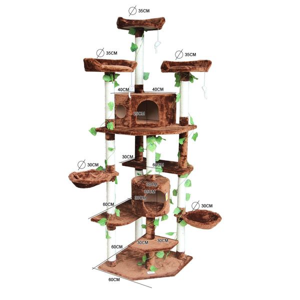Cat Scratching Tree Condo Climbing Scratcher Posts Poles Tower Modern Pet Play House Furniture Multi Levels 2.1m Tall Brown