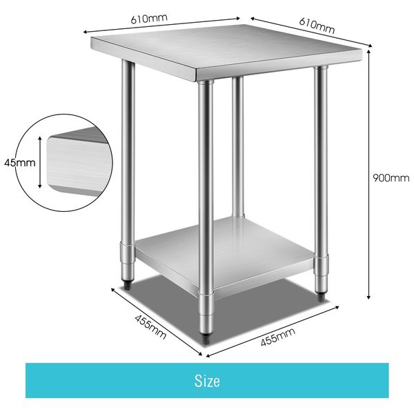 Kitchen Food Prep Table Cater Work Bench Stainless Steel W/Adjustable Feet -610mmx610mm