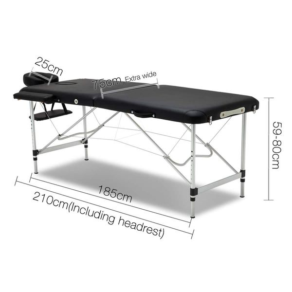 Zenses Massage Table 75cm 2 Fold Aluminium Massage Bed Portable Beauty Therapy Black