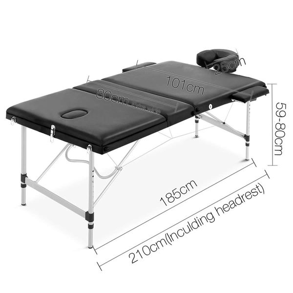 Zenses Massage Table 80cm 3 Fold Aluminium Beauty Bed Portable Therapy Black