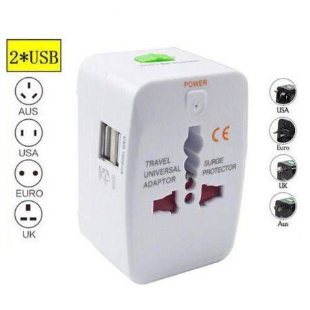 Travel Power 2 USB Charger Universal Adapter AU/UK/US/EU All Inone International