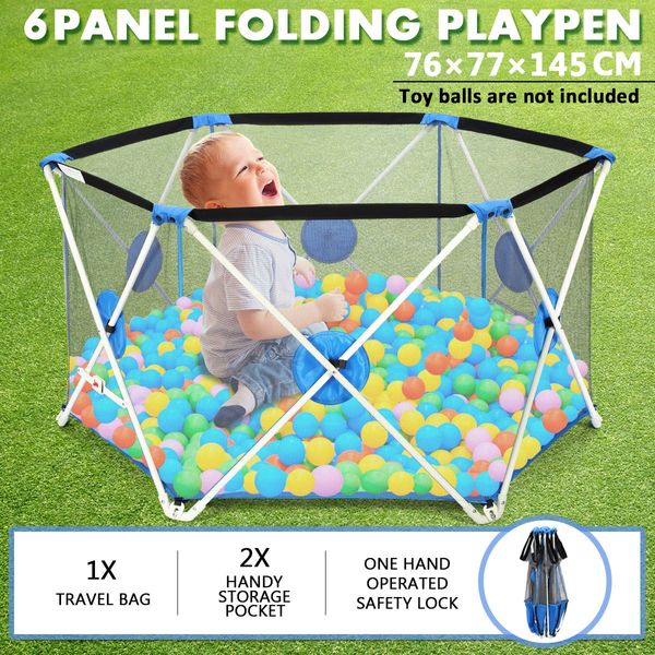 Pop-up Puppy Playpen Foldable 6-Panel Play Pen Metal Frame for Indoor &amp; Outdoor - Blue
