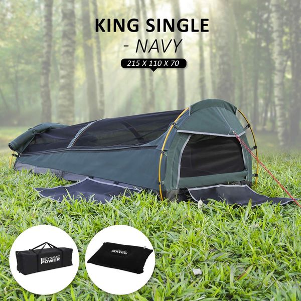 Deluxe Outdoor Camping Canvas Swag Aluminium Poles Tent XXL King Single - Navy Blue
