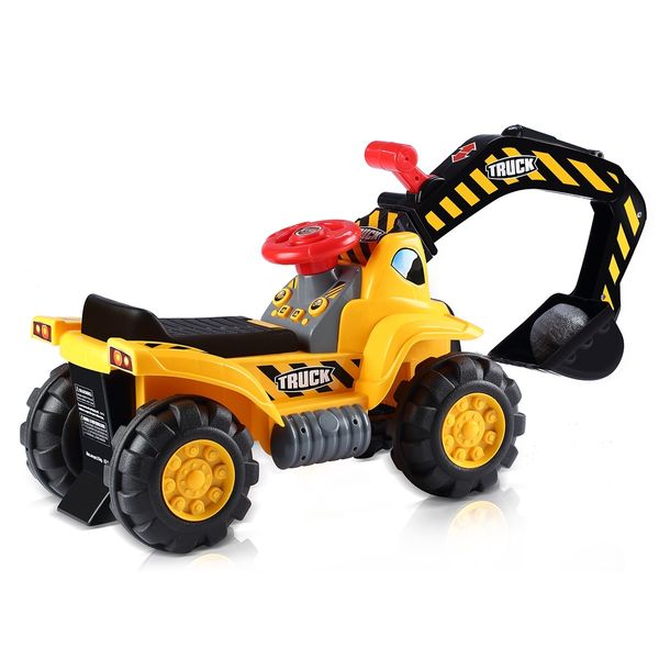 Kids Excavator Ride on Digger Bulldozer Loader Car w/Toy Stones & Safety Helmet