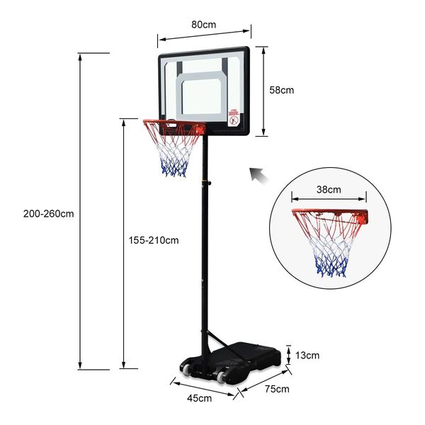 Genki Adjustable 1.55m-2.1m Portable Kids Basketball Hoop System Stand w/Cover