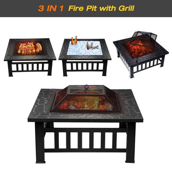 Maxkon Fire Pit 3-in-1 Fireplace Brazier Patio Camping Heater w/Grill Shelf