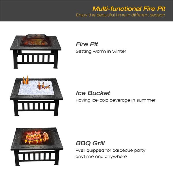 Maxkon Fire Pit 3-in-1 Fireplace Brazier Patio Camping Heater w/Grill Shelf