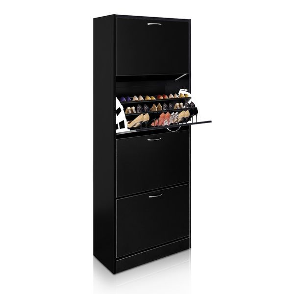 60 Pair Shoe Cabinet 4 Rack Wooden Home Footwear Storage Stand - Black