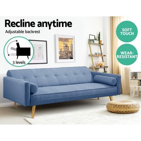 3 Seater Faux Linen Fabric Sofa - Blue