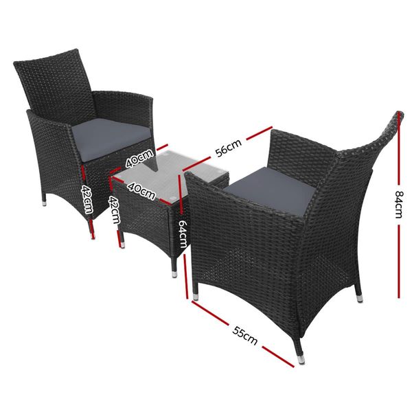 Gardeon 3 Piece Wicker Outdoor Furniture Set - Black