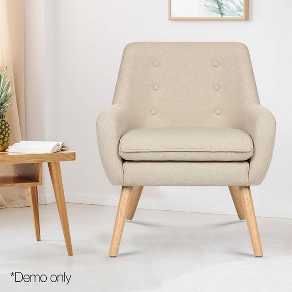 Fabric Dining Armchair with Wood Legs - Beige