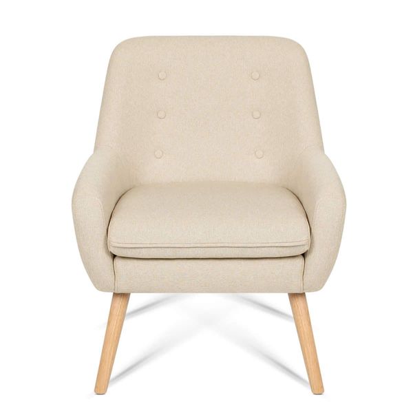 Fabric Dining Armchair with Wood Legs - Beige