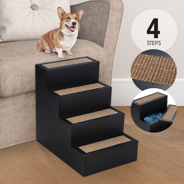 Petscene 4 Steps Dog Cat Stairs Pet Ramp Wooden Folding Ladder w/ Storage Space