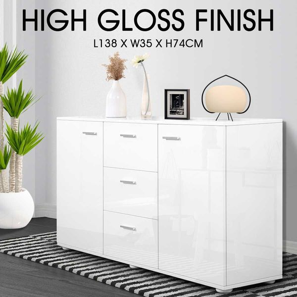 High Gloss 2 Door 3 Drawer Buffet Cabinet - White