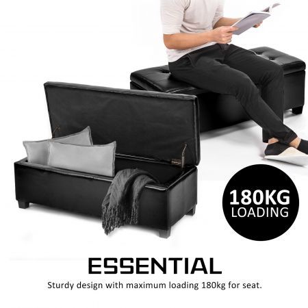 Storage Ottoman Stool 102cm Leather BLACK