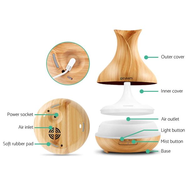 400ml 4-in-1 Aroma Diffuser with Remote Control - Light Wood