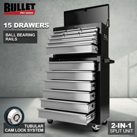 15 Drawer Tool Box Cabinet - Black/Silver