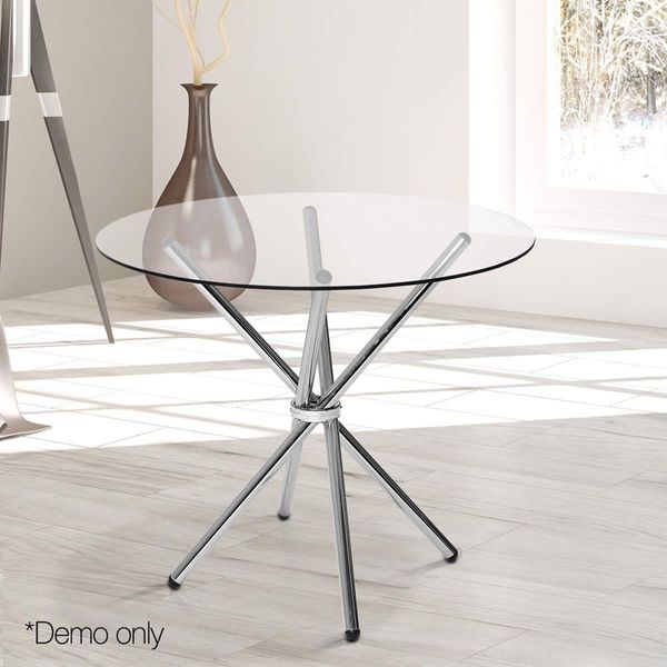 Artiss Round Dining Table 4 Seater 90cm Tempered Glass Clear Chrome Steel Legs Cross Cafe Kitchen Tables