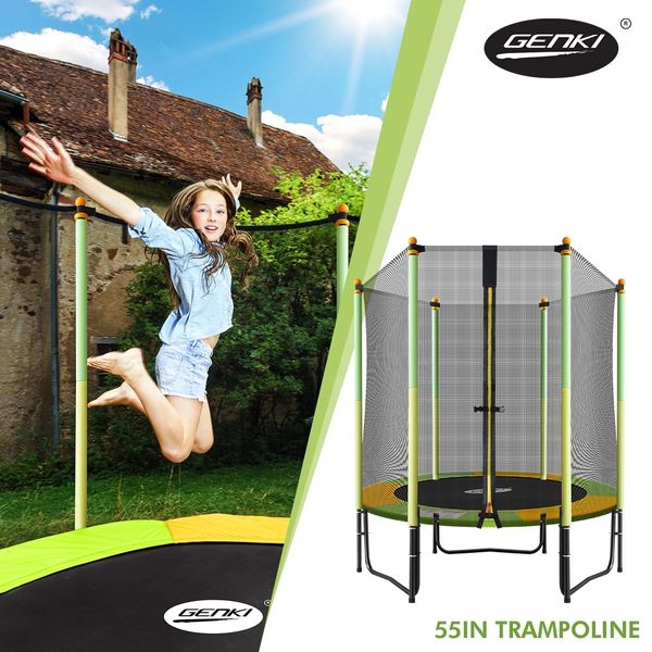 Genki 55" Round Kids Mini Trampoline Indoor Outdoor Rebounder w/Safety Enclosure Net