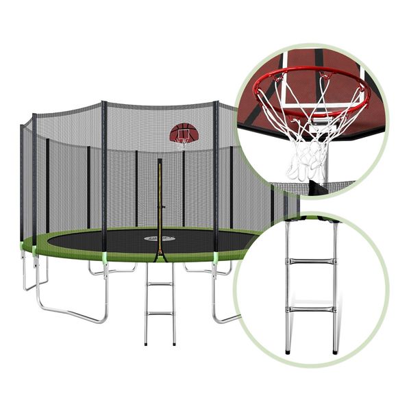 Genki 16ft Round Kids Trampoline Set with Safety Enclosure Net Basketball Hoop Ladder