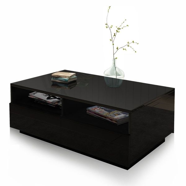 New Modern Coffee Table 4 Drawer Storage Shelf High Gloss Furniture Wood Black