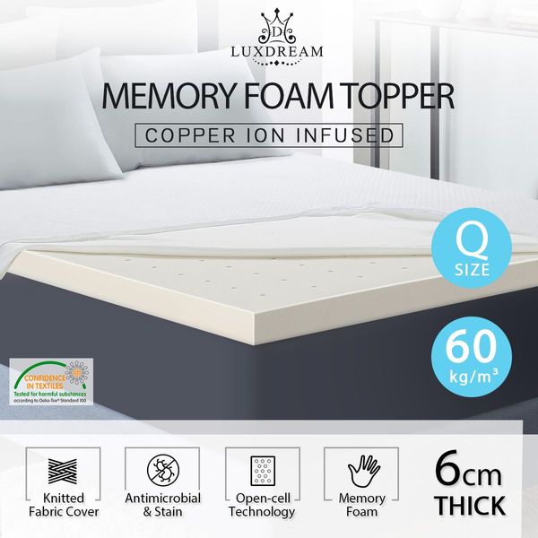 6cm Queen Copper Ion Infused Memory Foam Mattress Topper Fabric Cover Bedding