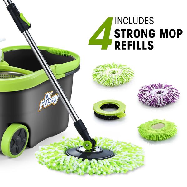 Spin Mop Bucket System Stainless Steel Basket With 4 Strong Mop Heads DR FUSSY