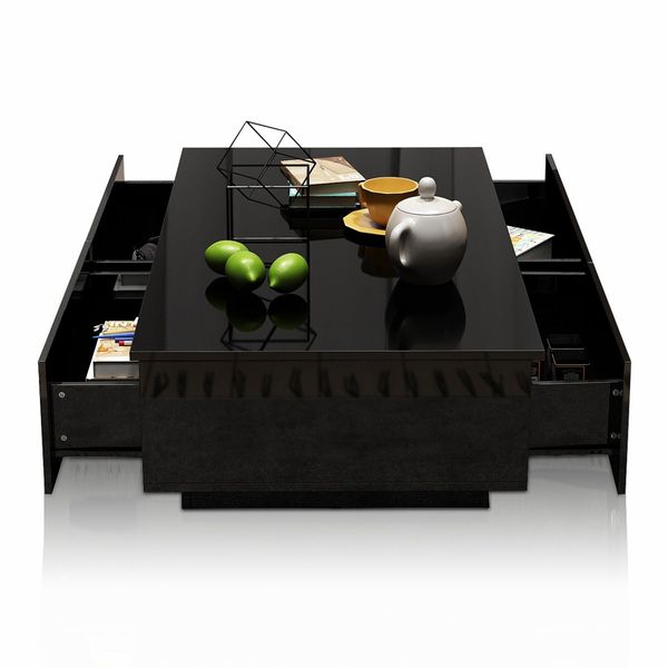 Modern Coffee Table 4-Drawer Storage Shelf High Gloss Wood Living Room Furniture - Black