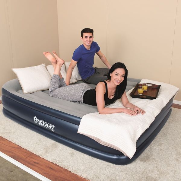 Bestway Queen Inflatable Flocked Mattress Tritech Airbed Built-in AC Pump & Pillow 203 x 152 x 46cm