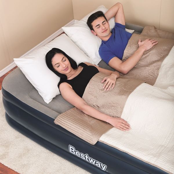 Bestway Queen Inflatable Flocked Mattress Tritech Airbed Built-in AC Pump & Pillow 203 x 152 x 46cm