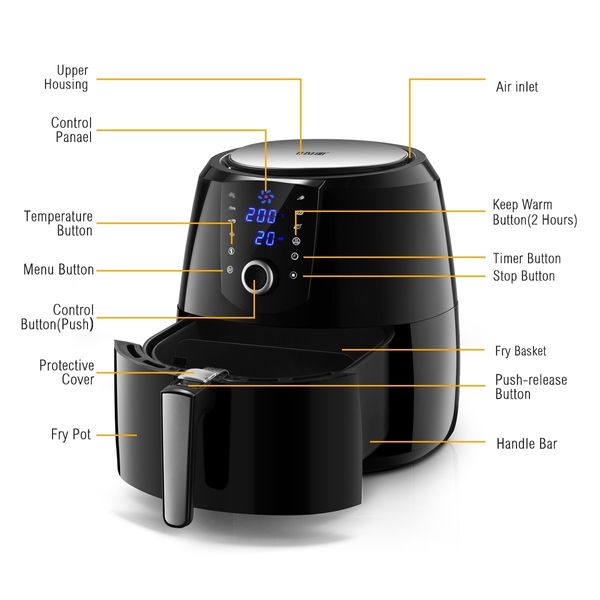 Maxkon New 7L Air Fryer LCD Health Cooker Low Oil Rapid Deep Frying 1800W Black