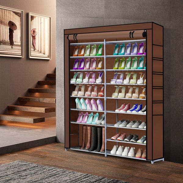 70 Pairs 10 Tiers Metal Shoe Rack Stackable Shelf Storage Organizer W/ Cover 2 Rows 160cm Height