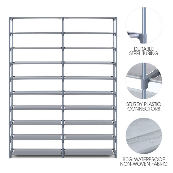 70 Pairs 10 Tiers Metal Shoe Rack Stackable Shelf Storage Organizer W/ Cover 2 Rows 160cm Height